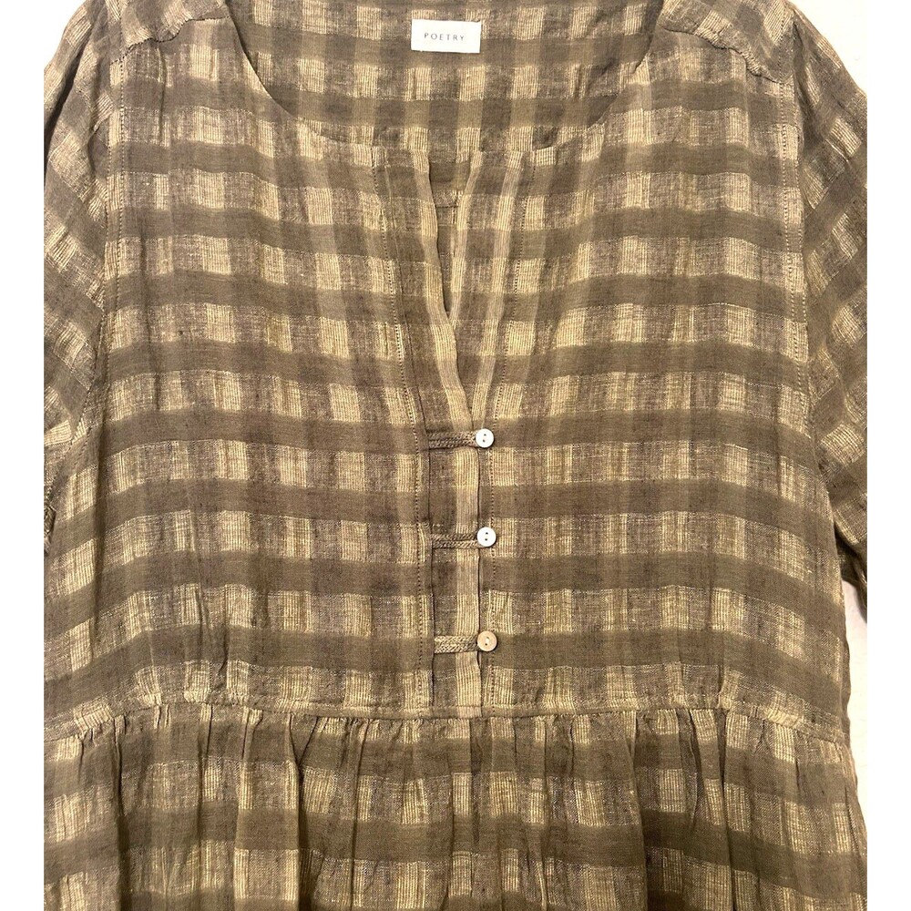 POETRY Green Tiered Check Midi Maxi Dress Crinkle Linen Blend Lined Pockets 10 - Picture 3 of 13